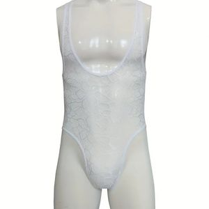 Men's Lingerie - White XXL Lace Flower Bodysuit, Semi-transparent